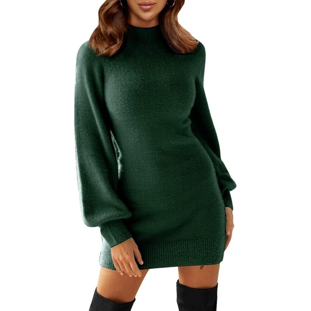 Women's Fleece Sweater Dress MEDIUM Mock Neck Dark Olive Green Bodycon Pullover